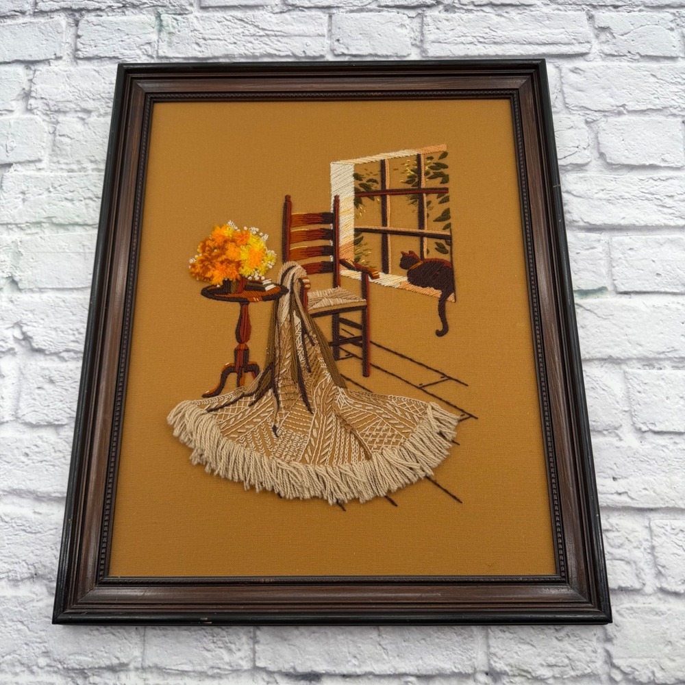 Vintage Handmade Needlepoint Wall Art Cat in Window Fringed Textile Framed 19x15